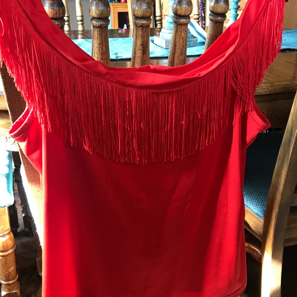 Red Off The Shoulder Fringe top